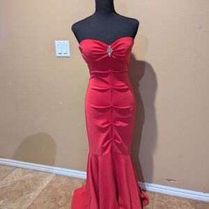 Xscape Strapless Red Gown with Embellishment